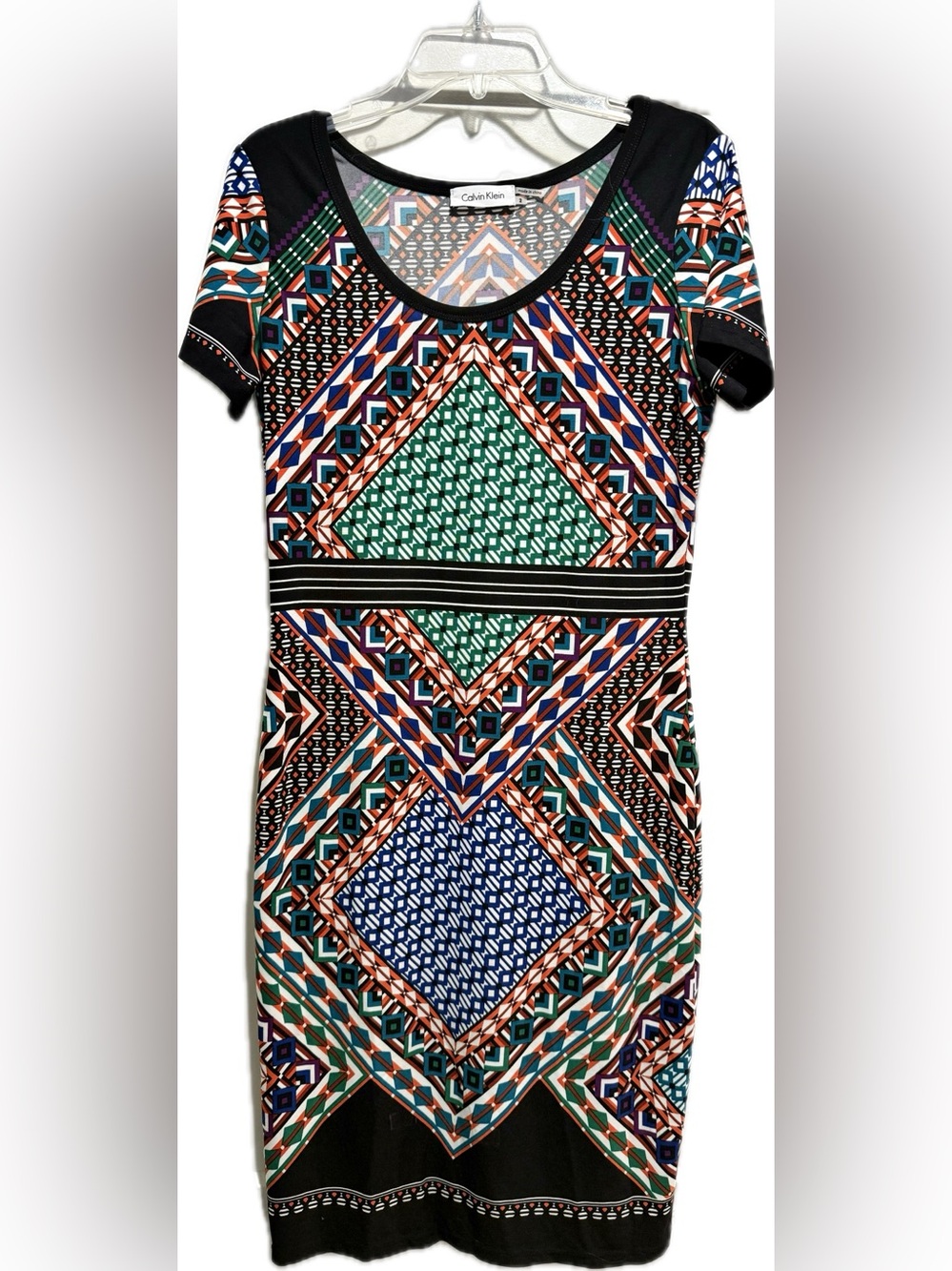 Calvin Klein graphic boho print stretch banded waist dress 2 NWOT